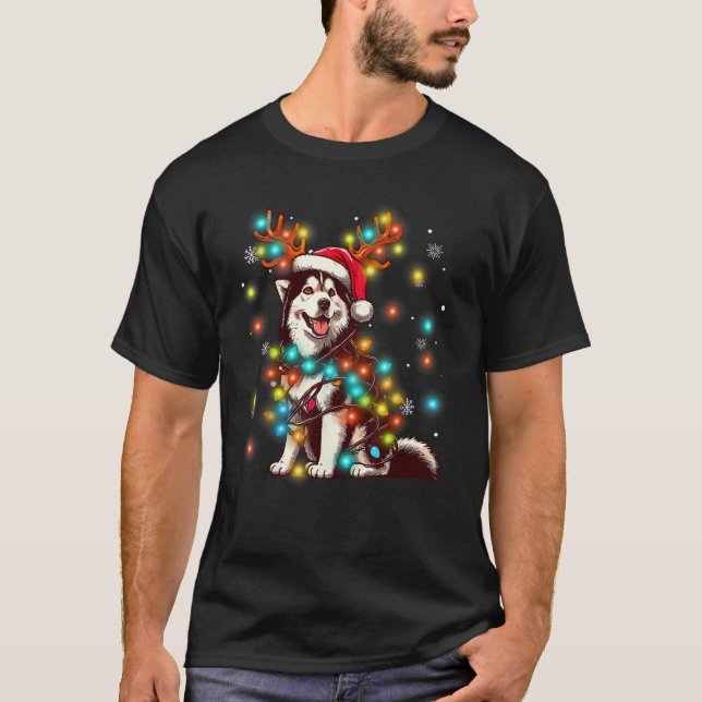 Santa Dog Siberian Husky Christmas Tree Lights Mer T-Shirt (Vorderseite)