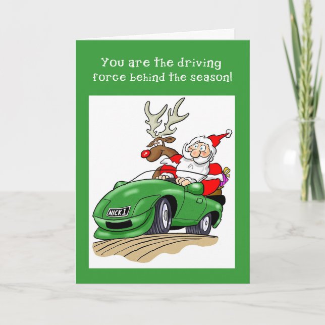Santa Driving Car Weihnachtsgeschenk Feiertagskarte (Vorderseite)