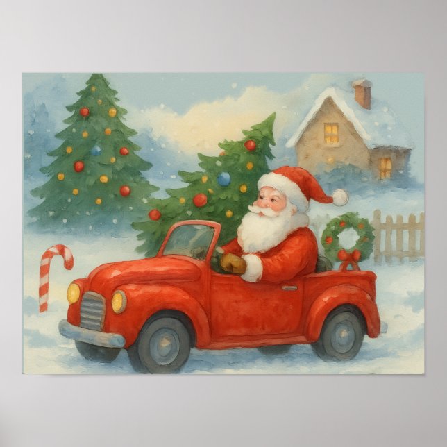 Santa Driving Red Car Watercolor Christmas Poster (Vorne)