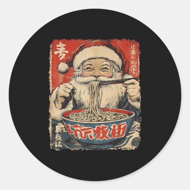 Santa Eating Ramen Noodles Ukiyo-e Insred Christma Runder Aufkleber (Vorderseite)