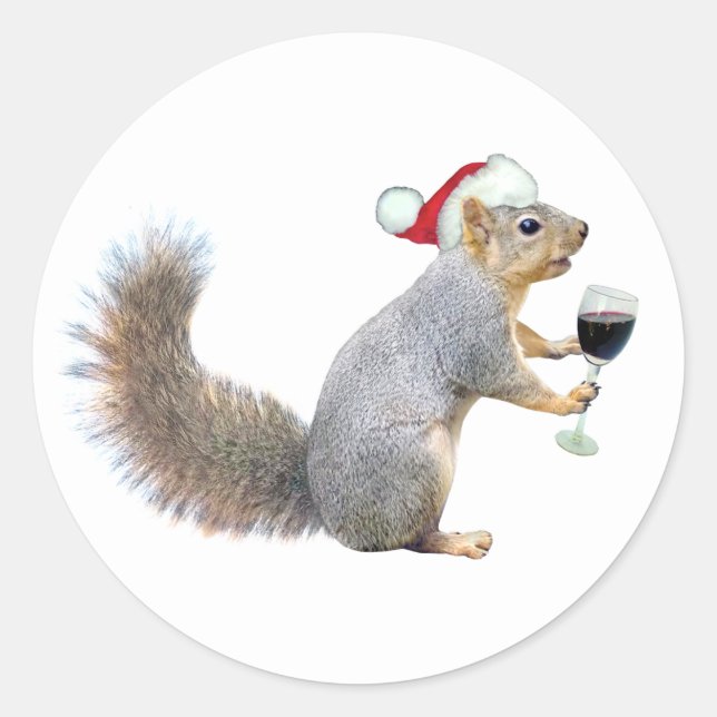 Santa Eichhörnchen mit Weinaufkleber Runder Aufkleber (Vorderseite)