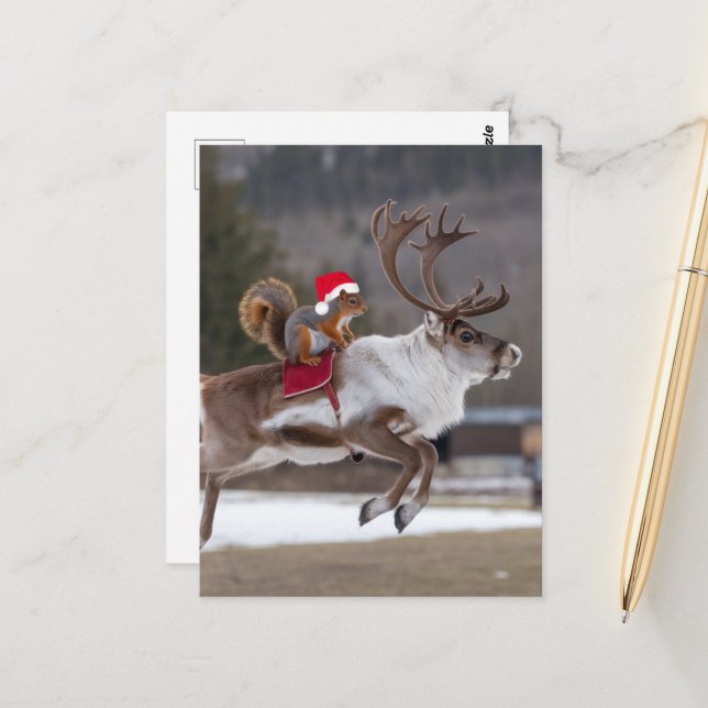 Santa Eichhörnchen Rentieren Postkarte (Vorderseite/Rückseite Beispiel)