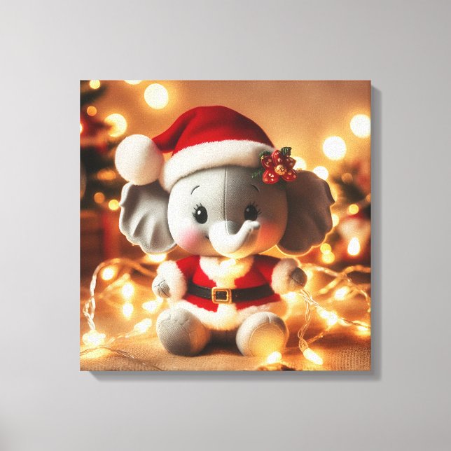 Santa Elephant Plush mit Ferienbeleuchtung Leinwanddruck (Vorderseite)