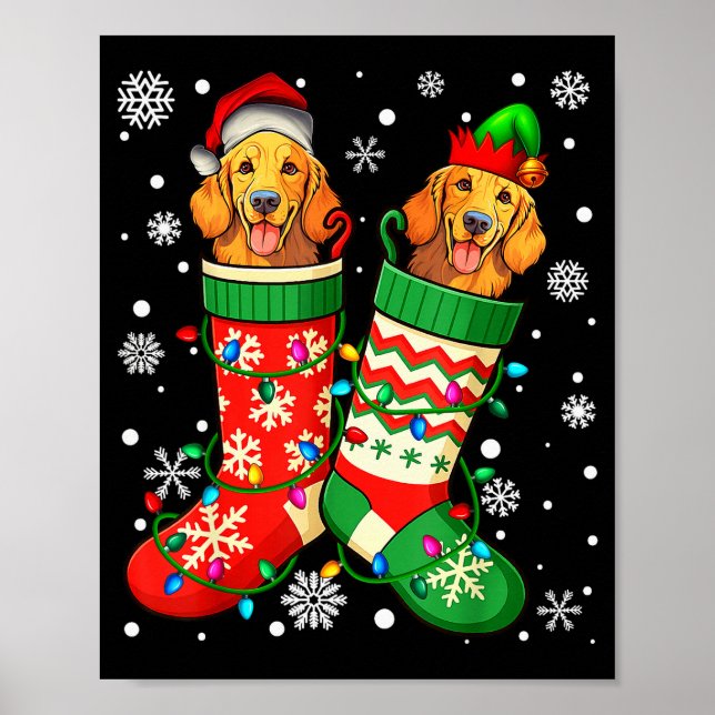 Santa Elf Golden Retriever Dog In Christmas Socks  Poster (Vorne)