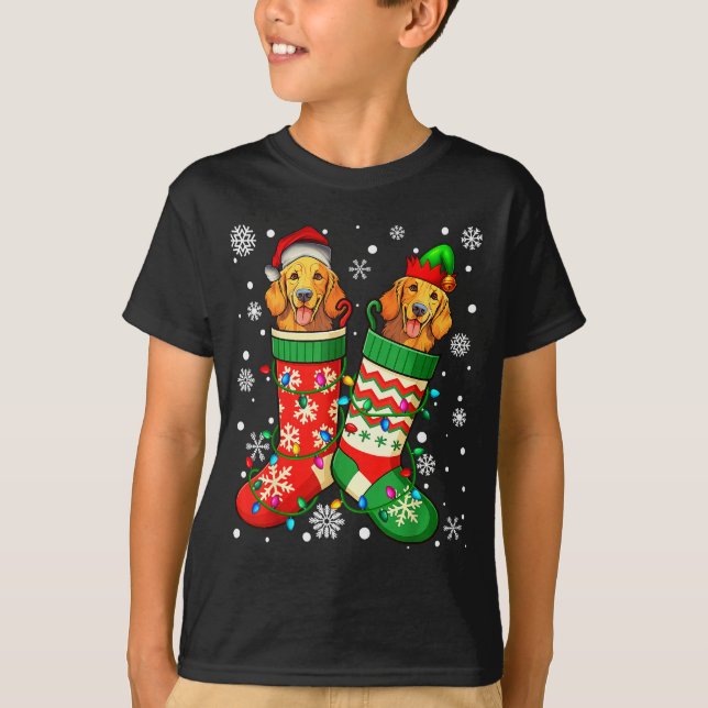 Santa Elf Golden Retriever Dog In Christmas Socks  T-Shirt (Vorderseite)