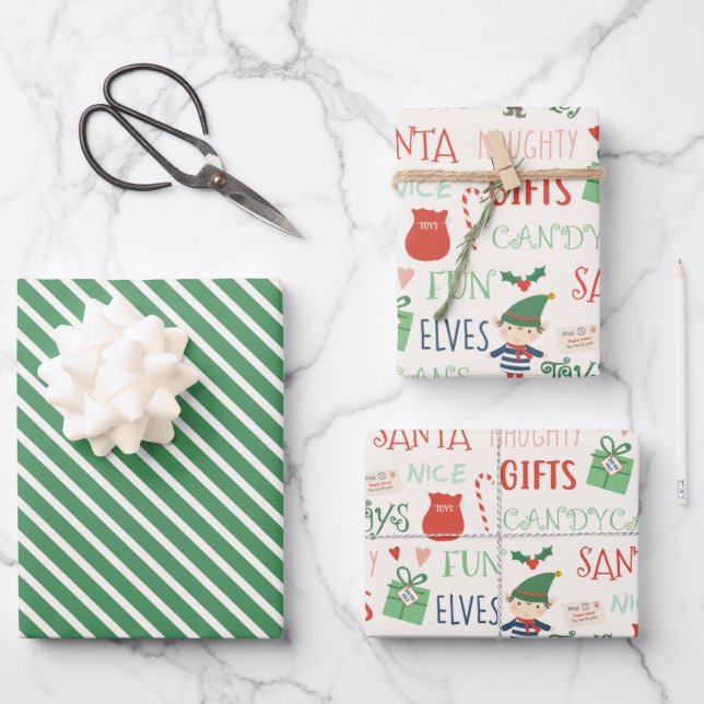 Santa Elf Typografie und Streifen Kinder Geschenkpapier Set (Vorderseite)