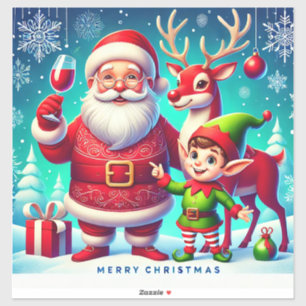 Santa, Elf und Rentier in einer festlichen Weihnac Aufkleber