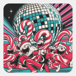 Santa Elves Candy Canes tanzen im Disco-Ball Quadratischer Aufkleber