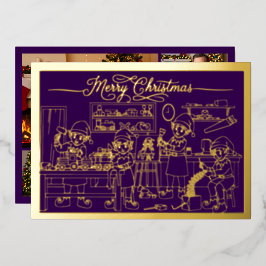 Santa Elves Workshop, Frohe Weihnachten Lila, Gold Folien Feiertagskarte
