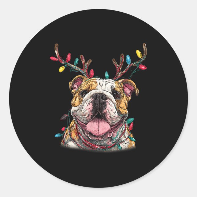 Santa English Bulldog Reindeer Light Christmas  Runder Aufkleber (Vorderseite)