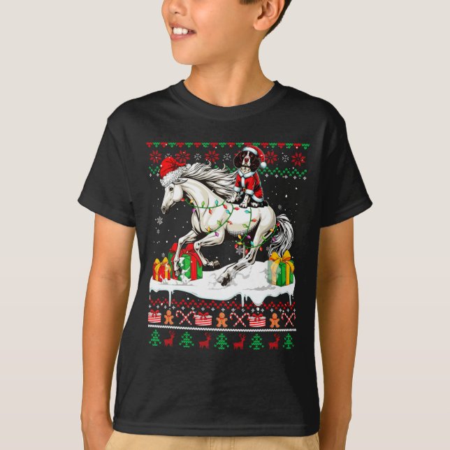 Santa English Springer Spaniel Riding Horse Xmas S T-Shirt (Vorderseite)