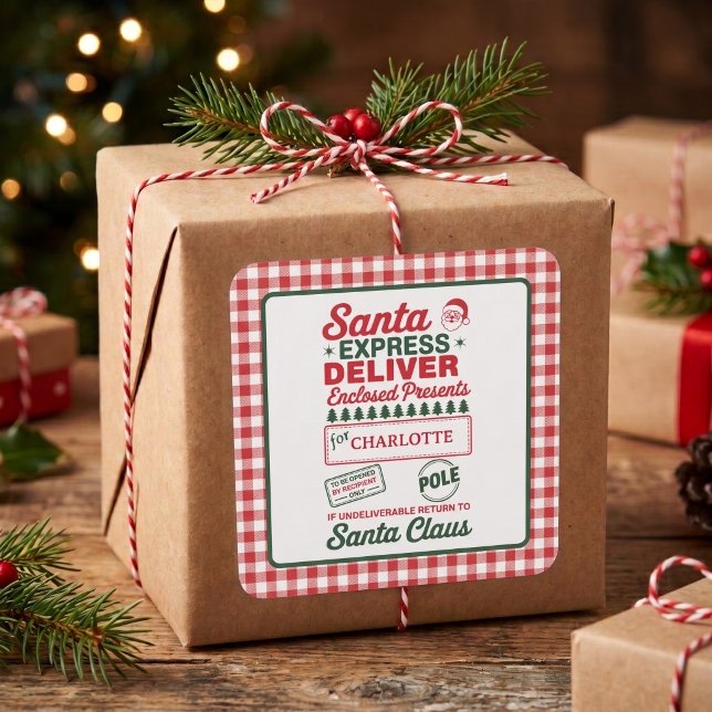 Santa Express Lieferung Weihnachtskariert Quadratischer Aufkleber (Von Creator hochgeladen)