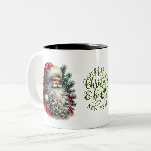 Santa Faces Frohe Weihnachten und glückliches Neue Zweifarbige Tasse (Vorderseite Links)