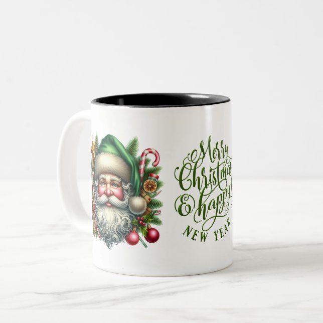 Santa Faces Frohe Weihnachten und glückliches Neue Zweifarbige Tasse (Vorderseite Links)