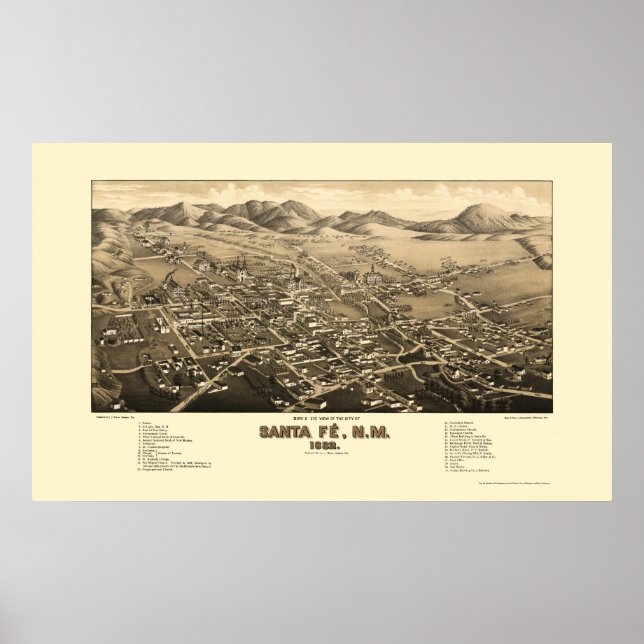Santa Fe, NM Panorama Karte - 1882 Poster (Vorne)