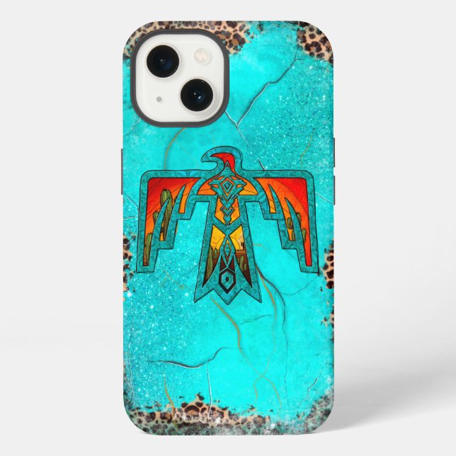 Santa Fe Thunderbird Türkis-Marmor-Leopard iPhone Hülle (Rückseite)