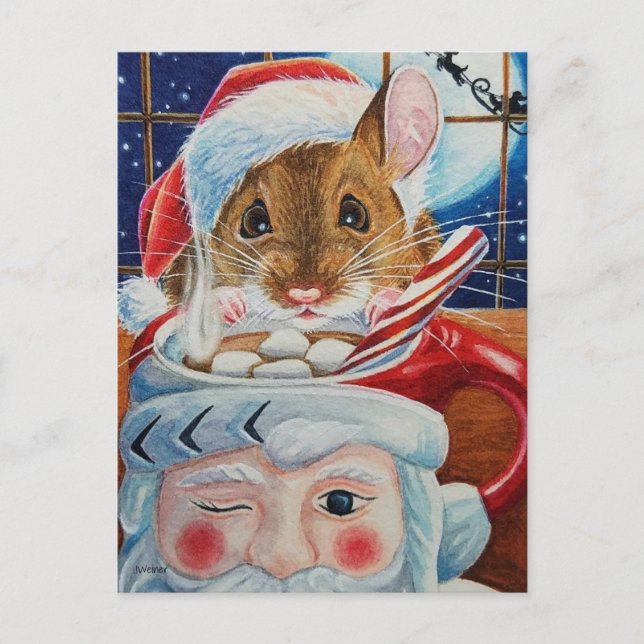Santa Field Mouse mit Hot Cocoa Wasserfarbe Kunst Postkarte (Vorderseite)