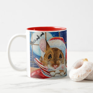 Santa Field Mouse mit Hot Cocoa Wasserfarbe Kunst Zweifarbige Tasse