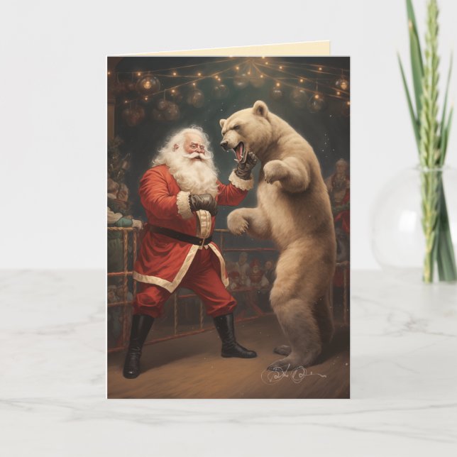 Santa Fights Bears Feiertagskarte (Vorderseite)