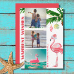 Santa Flamingo 3 FOTO Tropical Beach Weihnachten<br><div class="desc">Dieser tropische Strand Thema Urlaub Warmest Wünschen Weihnachten Grußkarte mit einem Aquarell rosa Flamingo mit einer Weihnachtsmannmütze und langen gestreiften Socken stehend unter einer Palme mit Ziergegenständen und Lichtern. Personalisieren Sie mit drei Fotos,  Ihrer Unterschrift oder jedem Gruß,  den Sie hinzufügen möchten. Danke,  dass du vorbeigekommen bist!</div>