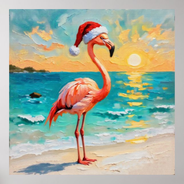 Santa Flamingo am Strand Poster (Vorne)