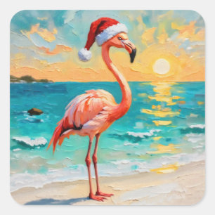 Santa Flamingo am Strand Quadratischer Aufkleber