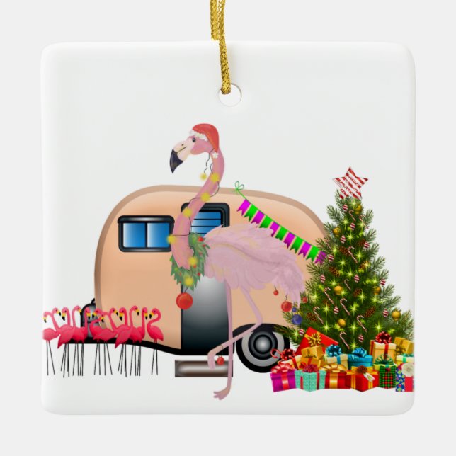 Santa-Flamingo-Anhänger Keramikornament (Vorderseite)