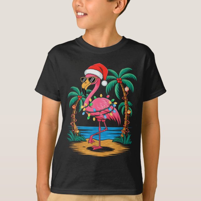 Santa Flamingo Christmas Lights Trocal Palms Tree  T-Shirt (Vorderseite)