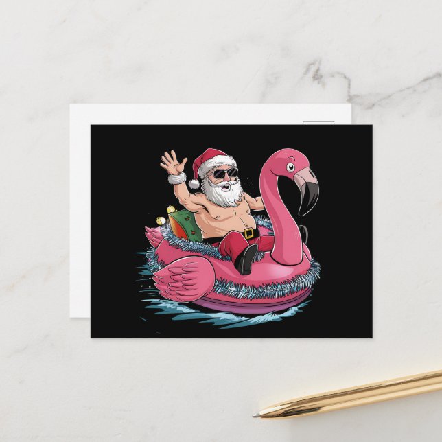 Santa Flamingo Floatie Weihnachten im Juli Sommer Postkarte (Vorderseite/Rückseite Beispiel)