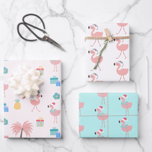Santa Flamingo Pattern Fun Pink Tropisches Weihnac Geschenkpapier Set (Vorderseite)
