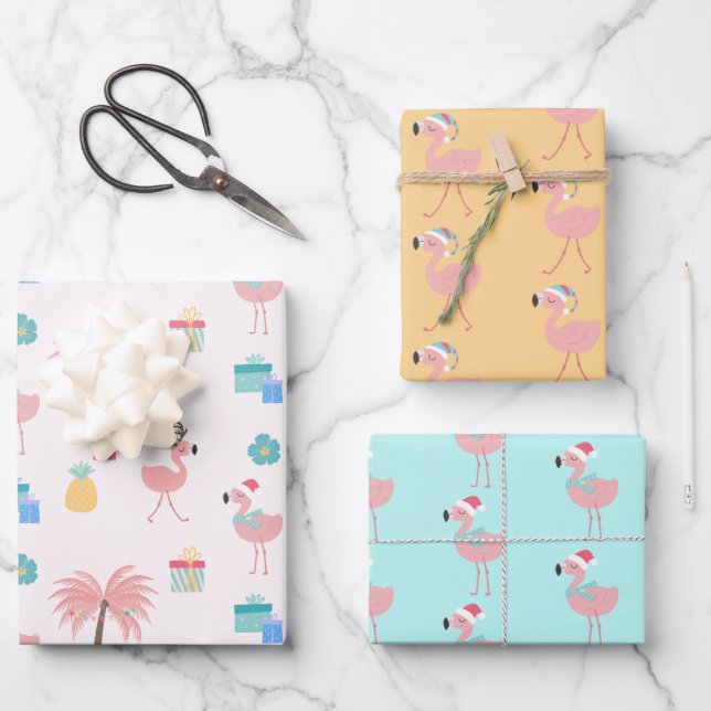 Santa Flamingo Pattern Fun Pink Tropisches Weihnac Geschenkpapier Set (Vorderseite)