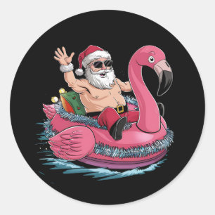 Santa-Flamingo-Schwimmhilfe-Weihnachten-im-Juli-So Runder Aufkleber
