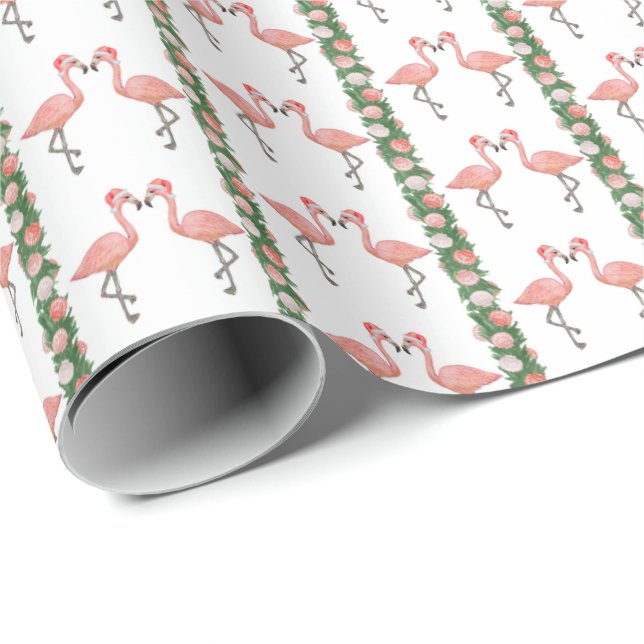 Santa Flamingos and Shells Wrapping Paper Geschenkpapier (Rolleneckpunkt)