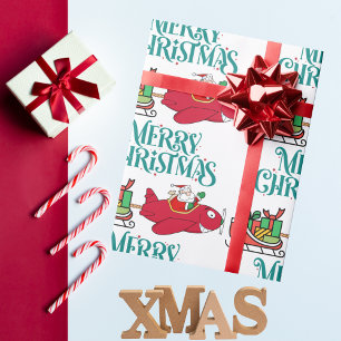 Santa fliegt Flugzeug, Schlitten & Geschenke, Weih Geschenkpapier