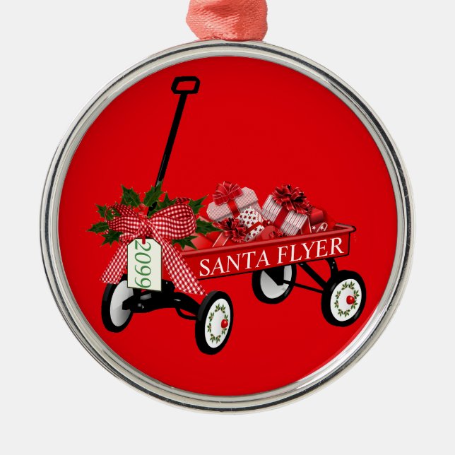 Santa Flyer Toy Red Wagon mit Weihnachten Ornament Aus Metall (Vorne)