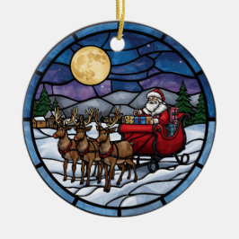 Santa Flying Over Snowy Village Keramik Ornament