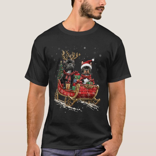 Santa French Bulldog reindeer Light Christmas Men  T-Shirt (Vorderseite)