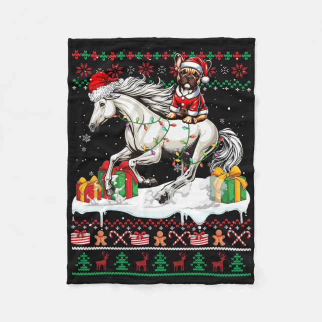 Santa French Bulldog Reiten Pferd Weihnachtsschwei Fleecedecke (Vorderseite)