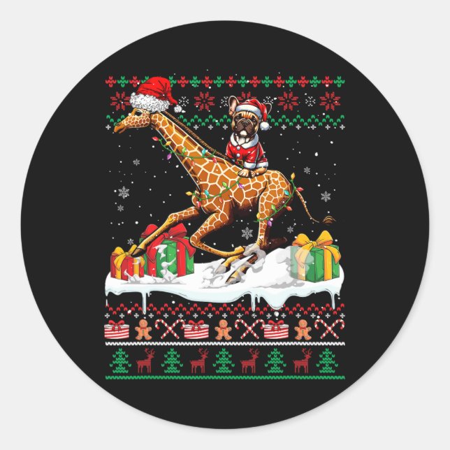 Santa French Bulldog Riding Giraffe Weihnachten Sw Runder Aufkleber (Vorderseite)