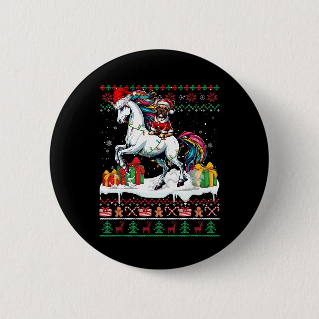 Santa French Bulldog Riding Unicorn Weihnachten Sc Button (Vorderseite)