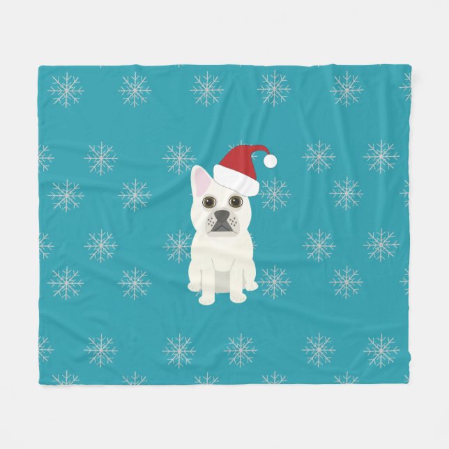 Santa Frenchie, Snowflakes Blue Fleecedecke (Vorderseite (Horizontal))