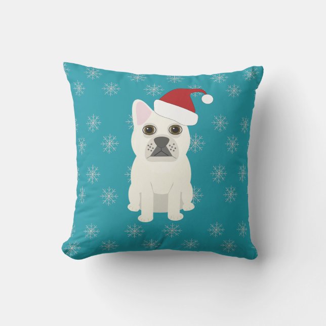 Santa Frenchie, Snowflakes Blue Kissen (Vorderseite)