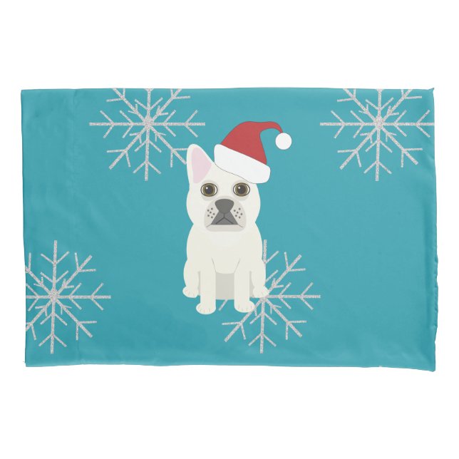 Santa Frenchie, Snowflakes Blue Kissenbezug (Vorderseite)