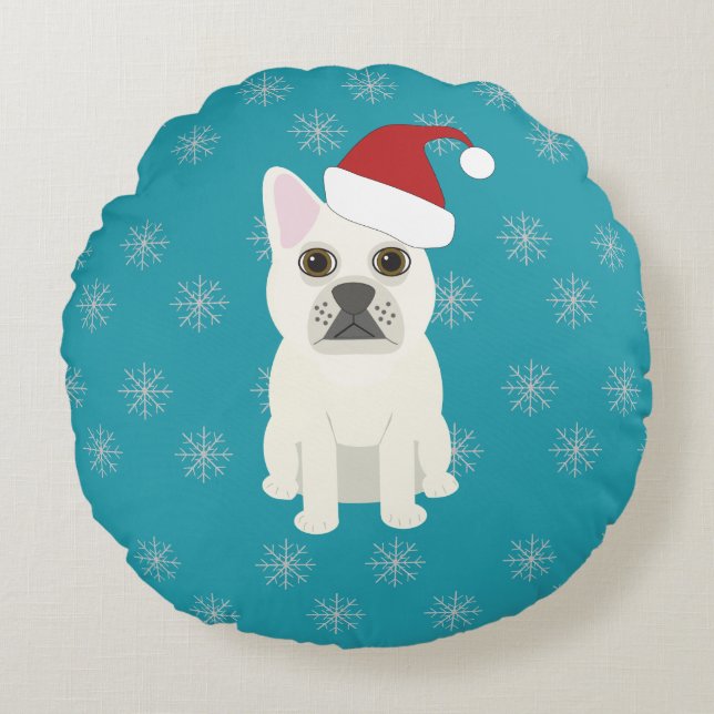 Santa Frenchie, Snowflakes Blue Rundes Kissen (Vorderseite)