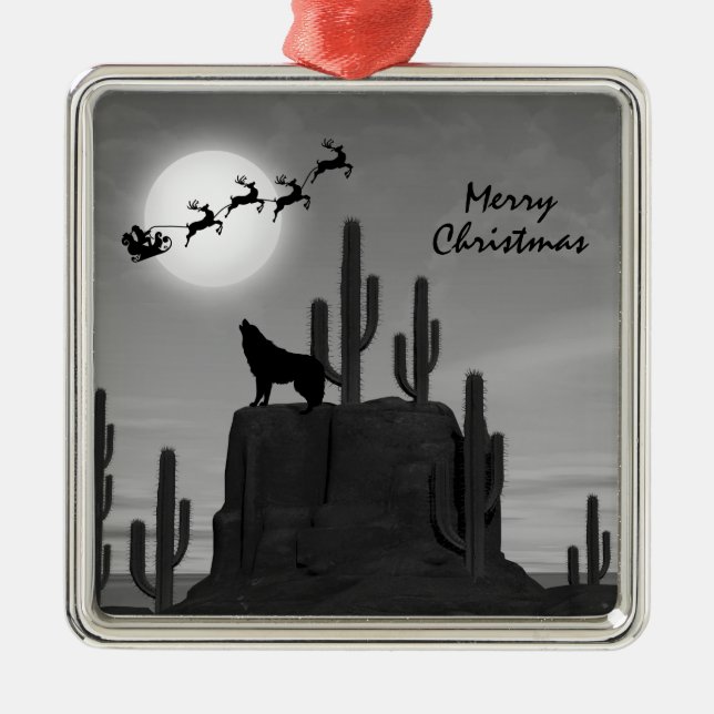 Santa Full Moon Wolf Wüste Südwestliche Weihnachte Ornament Aus Metall (Vorne)