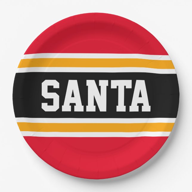 SANTA Fun Bright Red Black Yellow Streifen Pappteller (Vorderseite)