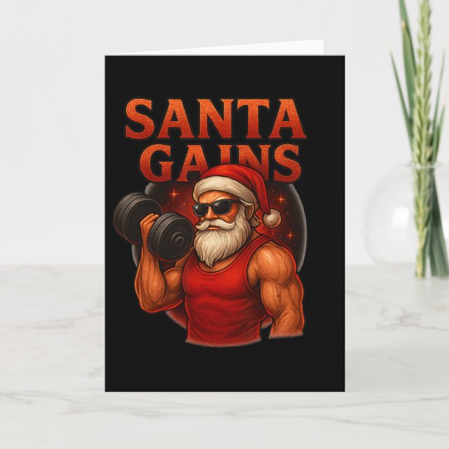 Santa Gains Funny Christmas Workout Design Karte (Vorderseite)
