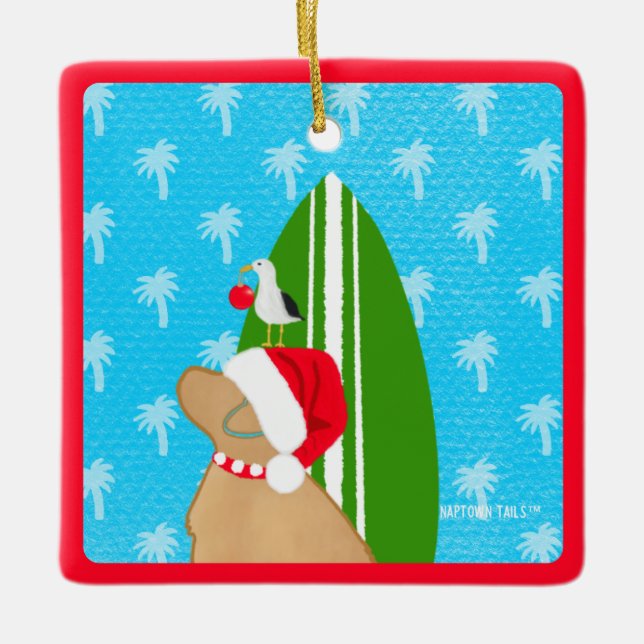 Santa Gelbe Labrador Surfboard Hunde Weihnachtssch Keramikornament (Vorderseite)