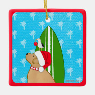 Santa Gelber Labrador-Surfbrett-Hund-Weihnachtsanh Keramikornament