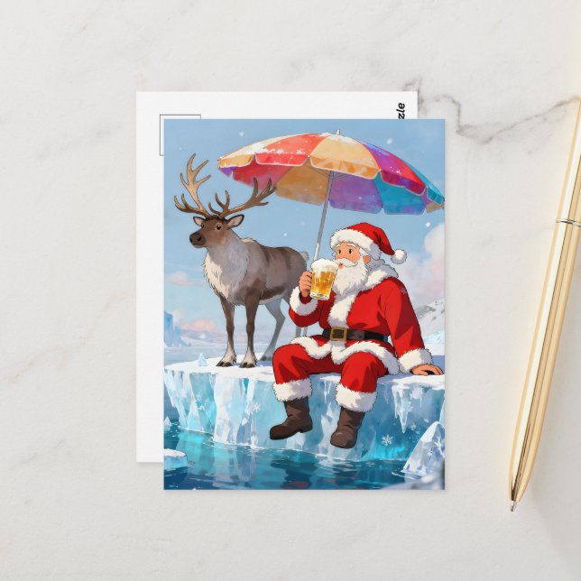 Santa genießt ein Bier auf einem Eisberg Postkarte (Vorderseite/Rückseite Beispiel)